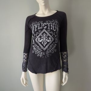 Affliction Rhinestone Lace Sleeve Fleur de Lis Printed Long Sleeve T-Shirt S